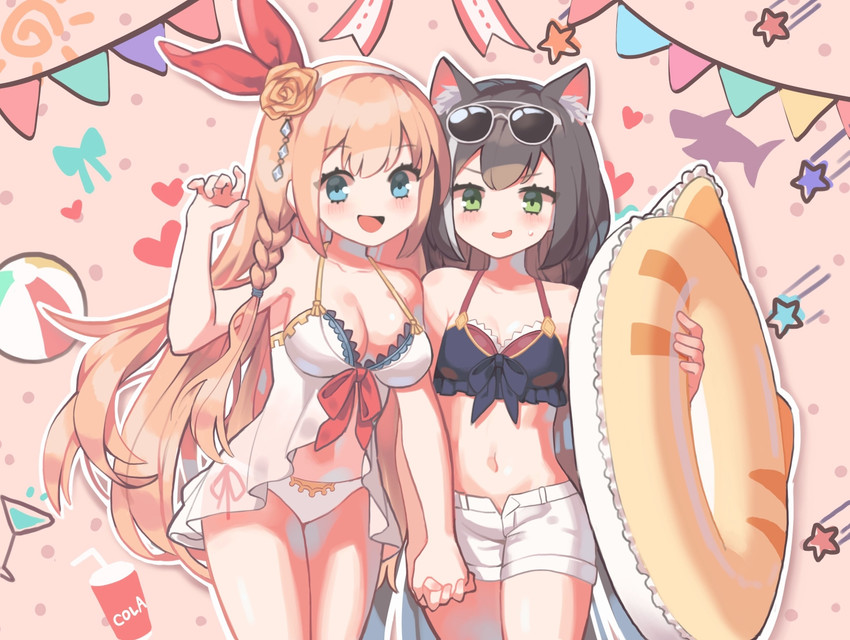 big_breasts black_body black_fur black_hair blue_eyes blush breasts cleavage clothed clothing duo female fur green_eyes hair hand_holding inflatable inner_tube long_hair orange_hair simple_background small_breasts swimwear yareen cygames princess_connect! princess_connect!_re:dive karyl_(princess_connect!) pecorine_(princess_connect!) animal_humanoid cat_humanoid felid felid_humanoid feline feline_humanoid human humanoid mammal mammal_humanoid