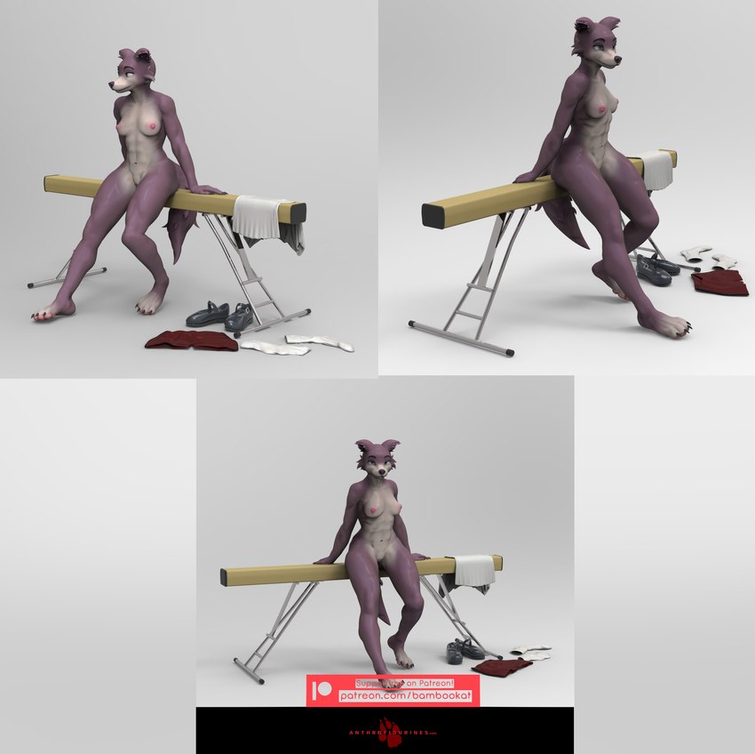 abs anthro balance_beam breasts brown_body brown_fur clothing female footwear fur genitals nipples nude pussy shoes simple_background smile solo bambookat beastars juno_(beastars) canid canine canis mammal wolf 3d_(artwork) absurd_res digital_media_(artwork) hi_res