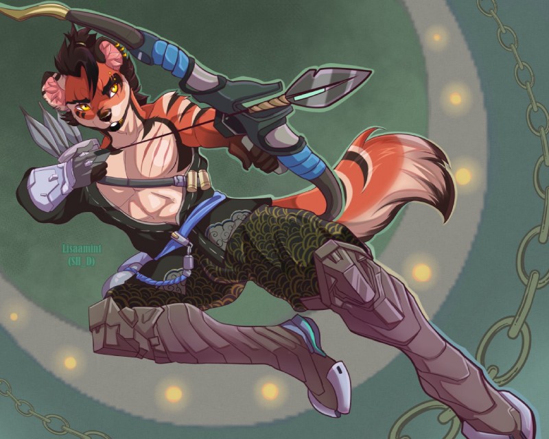 5_fingers anthro arrow_(weapon) bow_(weapon) clothed clothing ear_piercing ear_ring fingers holding_bow_(weapon) holding_object holding_ranged_weapon holding_weapon male piercing ranged_weapon ring_piercing scar solo weapon lisaamint blizzard_entertainment overwatch hanzo_(overwatch) hyena mammal striped_hyena 2019 5:4 digital_media_(artwork)