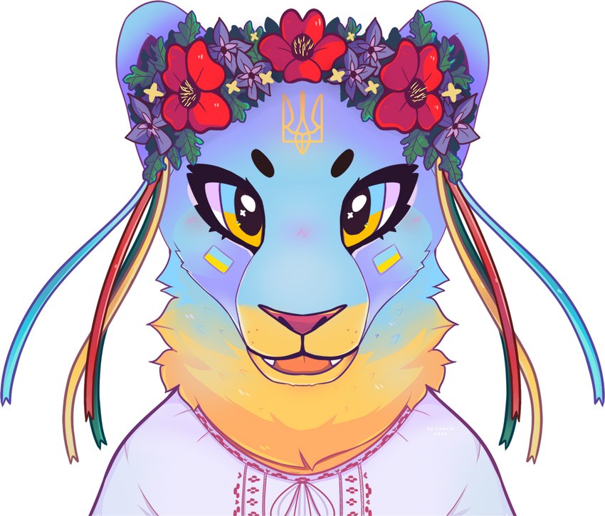 anthro anthrofied biped blue_eyes blush cheek_markings clothed clothing cute_fangs embroidered_clothing facial_markings female flower flower_crown forehead_markings front_view fully_clothed gradient_fur head_markings looking_at_viewer markings multicolored_body neck_tuft open_mouth orange_eyes outline pink_sclera plant ribbons solo tryzub tuft ukraine lomtik_(artist) vtuber fan_character lomtik domestic_cat felid feline felis fenec mammal bust_portrait colorful_theme digital_media_(artwork) portrait