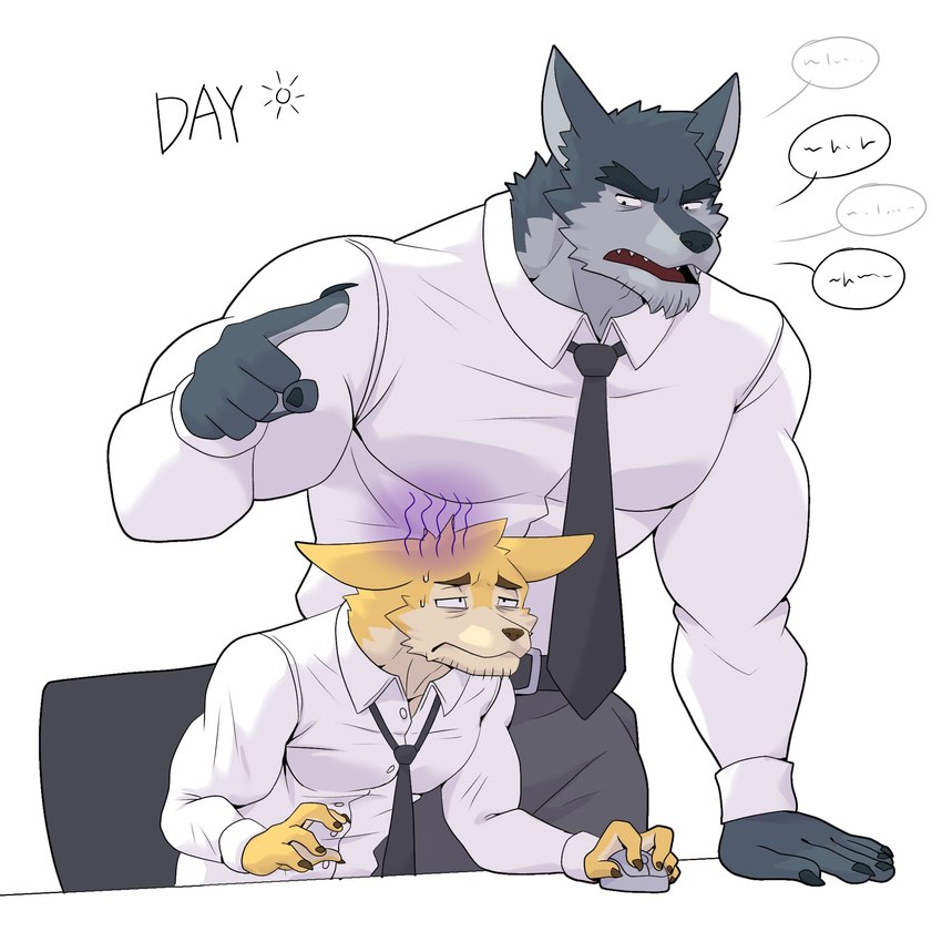 anthro black_body boss business_suit clothing duo frown left-handed male male/male mouth_closed muscular muscular_male necktie office serious serious_face sitting standing suit yellow_body furtissier canid canine canis mammal wolf 1:1 hi_res