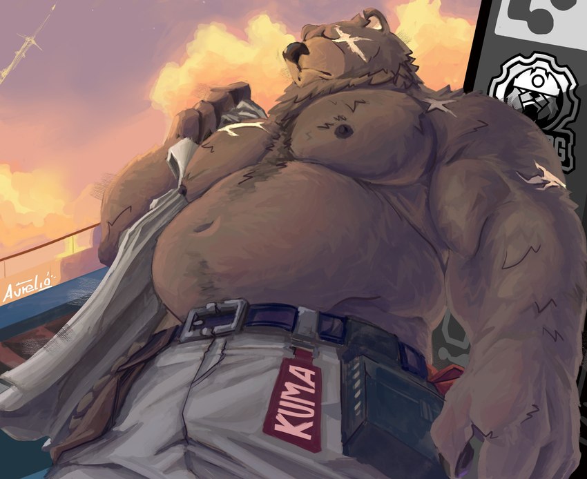 anthro areola barazoku belly belt biceps big_belly big_muscles body_hair bottomwear bridge chest_hair claws clothed clothing cloud day detailed_background frown fur holding_clothing holding_object huge_muscles low-angle_view male manly musclegut muscular muscular_anthro muscular_male navel nipples outside overweight overweight_anthro overweight_male pants pecs scar sky solo standing topless topless_anthro topless_male tuft citrine_lion mihoyo zenless_zone_zero ben_bigger bear mammal thiren 2025 absurd_res hi_res signature