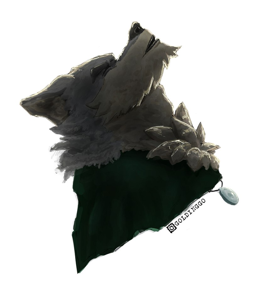 anthro brown_nose cape cheek_tuft chest_tuft chin_tuft clothing eyes_closed facial_tuft fur green_cape green_clothing grey_body grey_fur howl jewelry male multicolored_body multicolored_fur neck_tuft pendant simple_background solo tuft two_tone_body two_tone_fur white_background goldinggo far_beyond_the_world_(series) ranok_(far_beyond_the_world) canid canine canis mammal wolf hi_res