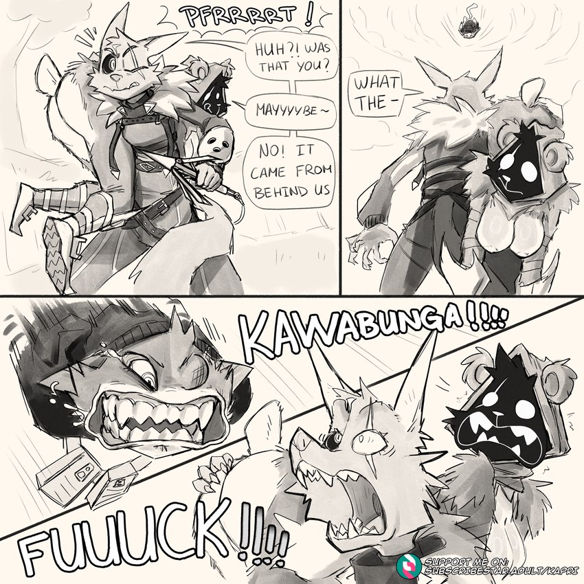 anthro bodily_fluids breasts cloud female humor looking_up speech_bubble surprised_expression text kapri epic_games fortnite meow_skulls pack_leader_highwire raven_team_leader bear calico_cat canid canine canis domestic_cat felid feline felis mammal wolf 1:1 absurd_res comic english_text hi_res