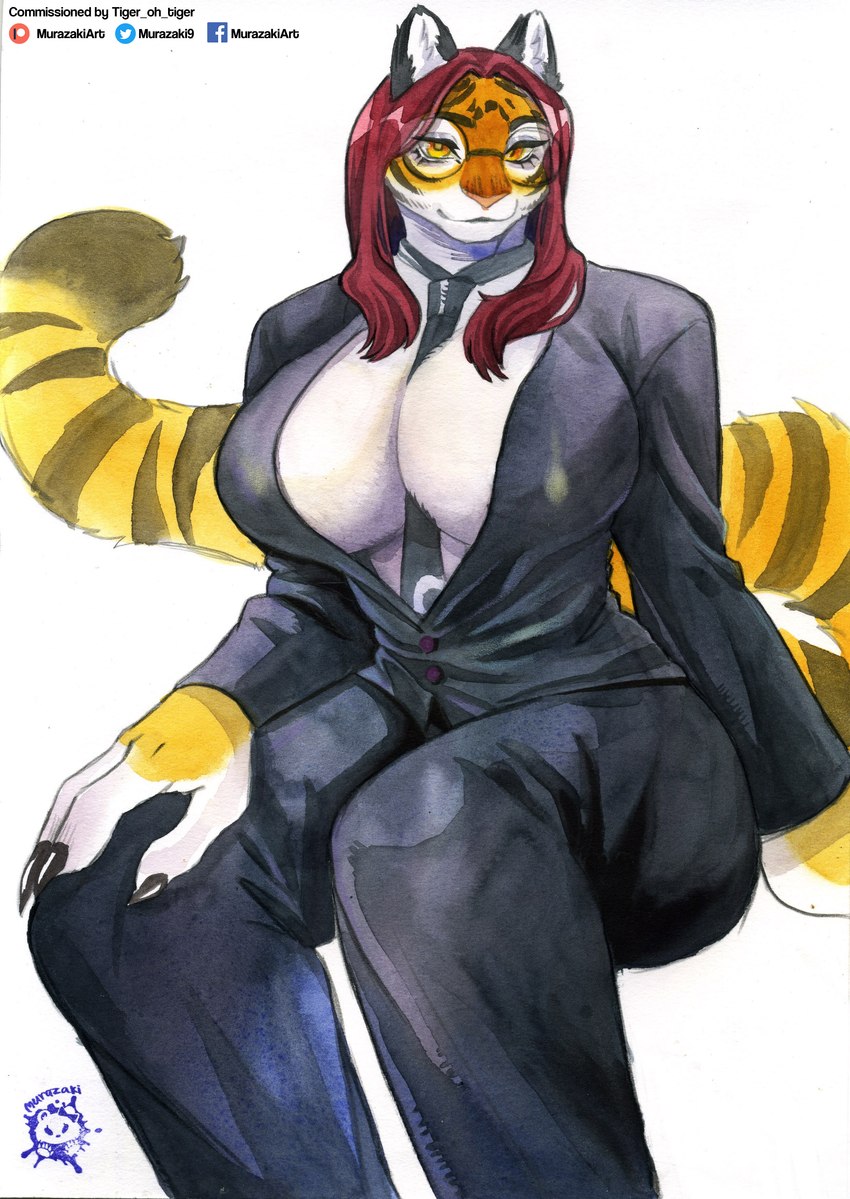 anthro big_breasts biped bottomwear breasts cleavage clothed clothing eyewear female fur glasses hair hand_on_leg looking_at_viewer necktie pants simple_background sitting smile suit tail white_background murazaki felid mammal pantherine tiger absurd_res hi_res traditional_media_(artwork) watercolor_(artwork)