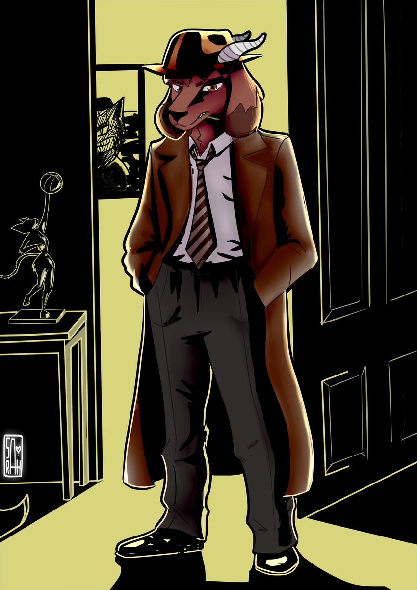 anthro biting_on_toothpick black_nose bottomwear brown_body brown_fur clothing coat detective fedora footwear fur goatification_project_(claydon_delve) hat headgear headwear light looking_at_viewer male multicolored_body multicolored_fur necktie pants shoes solo toothpick topwear trenchcoat two_tone_body two_tone_fur sarah_vox adrian_conrad_(claydon_delve) bovid caprine goat mammal absurd_res hi_res lighting