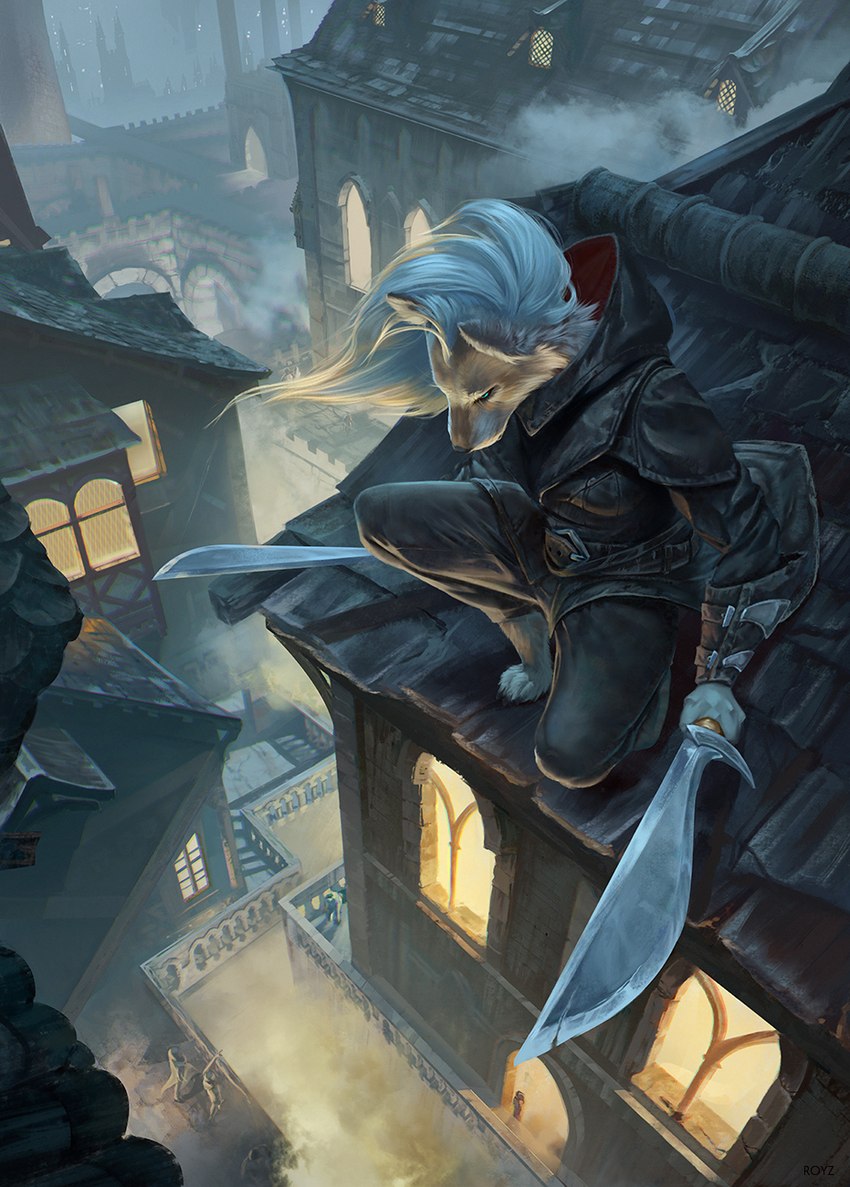 anthro assassin city clothed clothing crouching dual_wielding female fully_clothed fully_clothed_anthro fully_clothed_female gothic_architecture hair holding_melee_weapon holding_object holding_sword holding_weapon hunter lights medieval_architecture melee_weapon night on_roof renaissance_architecture rooftop solo sword town urban warrior weapon white_hair conditional_dnp latex_(artist) canid canine canis domestic_dog mammal wolf hi_res