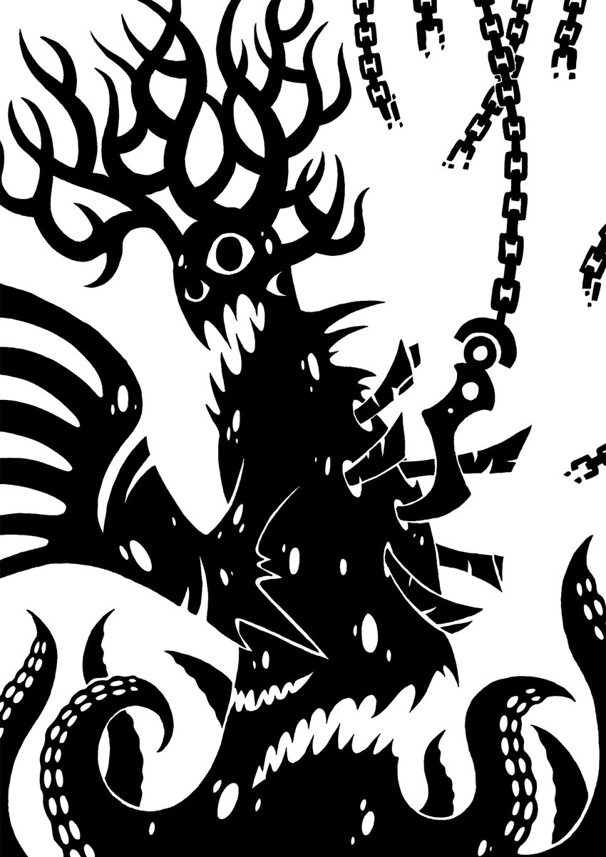 3_eyes 4_horns 6_fingers ambiguous_gender antlers arm_spikes broken_chain chain elbow_spikes fingers hook horn impalement male multi_eye multi_horn multi_mouth open_mouth sharp_teeth simple_background solo spikes spikes_(anatomy) suckers teeth tentacles white_background sunnyclockwork scp_foundation scp-2317-k cephalopod_taur eldritch_abomination horned_humanoid humanoid monster taur 2014 black_and_white digital_drawing_(artwork) digital_media_(artwork) hi_res monochrome