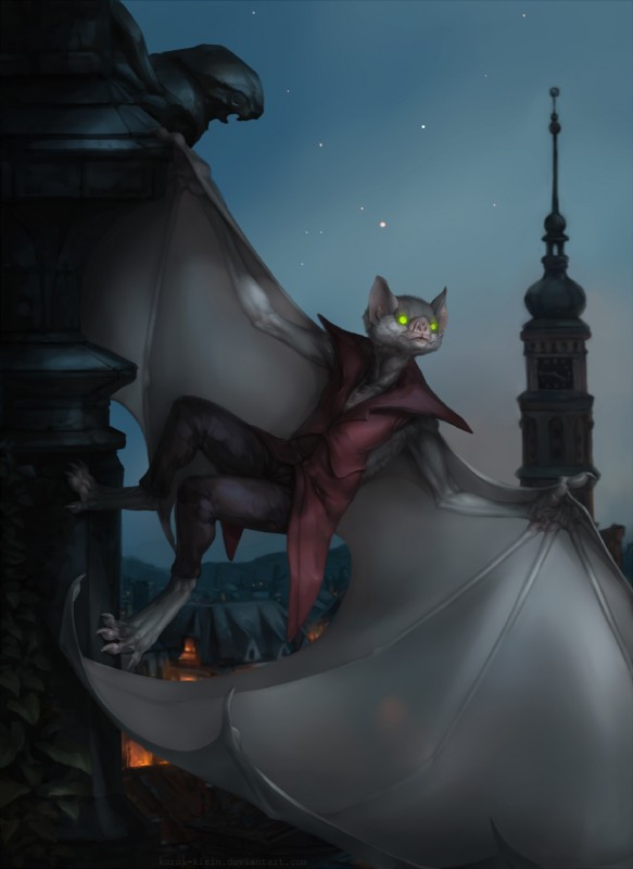 anthro barefoot city cityscape climbing clock clock_tower clothed clothing detailed_background feet glowing glowing_eyes green_eyes male membrane_(anatomy) membranous_wings night outside plant sky solo star starry_sky wings kuroi-kisin bat mammal 2020 digital_media_(artwork) hi_res