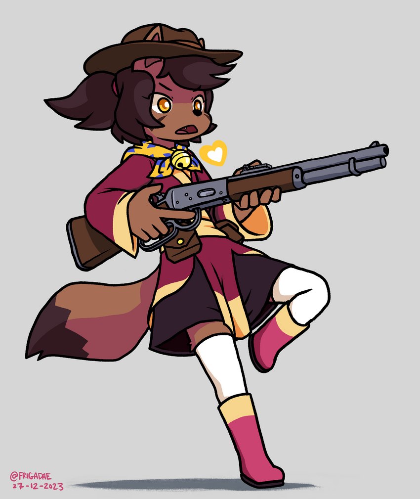 amber_eyes anthro asian_clothing bell boots brown_body brown_fur clothing cowboy_hat dipstick_tail east_asian_clothing female footwear fur gun hair hat headgear headwear holding_object holding_weapon kerchief legwear lever_action_rifle markings neckerchief neckwear open_mouth ponytail pouches ranged_weapon shoes simple_background solo soul tail tail_markings weapon young young_anthro young_female frigadae undertale_(series) undertale_yellow kanako_ketsukane canid canine fox mammal 2023 dated digital_drawing_(artwork) digital_media_(artwork) hi_res signature