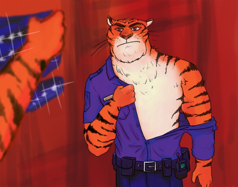 4_fingers anthro belly bottomwear clothed clothing countershading depth_of_field duo fingers fur male orange_body orange_fur police purple_eyes red_background shorts simple_background solo_focus standing striped_body striped_fur stripes undressing unimpressed whiskers white_belly white_body white_fur zootopia_shorts d0950und disney zootopia officer_jackson tiger_dancer_(zootopia) felid mammal pantherine tiger hi_res