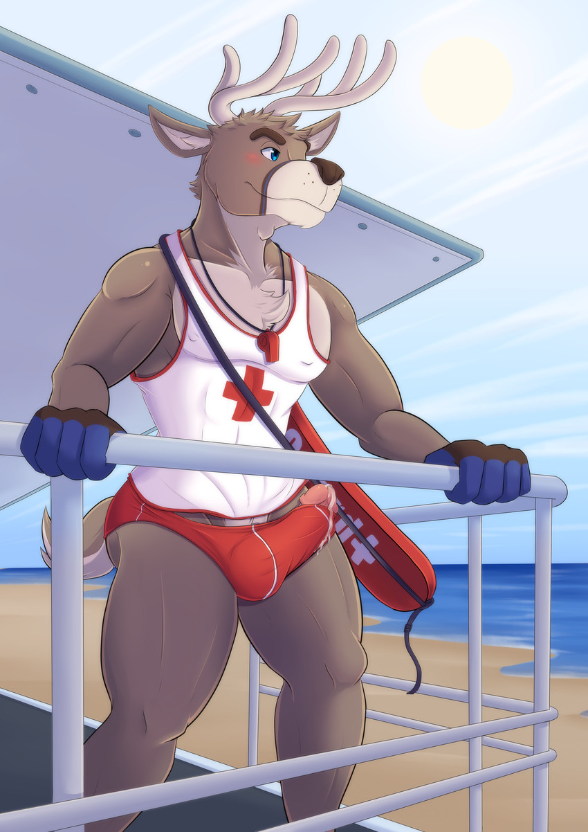 anthro antlers beach blue_eyes bodily_fluids brown_body brown_fur bulge chest_tuft clothing dripping erection fur genital_fluids genitals horn humanoid_genitalia humanoid_penis lifeguard lifeguard_tower male muscular muscular_anthro muscular_male outside pecs penis penis_poking_out precum precum_drip precum_on_clothing sea seaside shirt short_tail solo speedo swimwear tail tank_top topwear torpedo tuft wardrobe_malfunction water whistle_(object) shirokoi deer mammal absurd_res hi_res