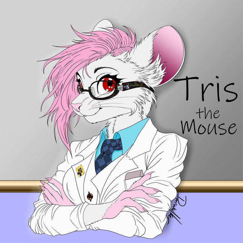 albino anthro arm_under_breasts buckteeth clothing coat colored_nails crossed_arms eyewear female glasses hair half_shaved_head lab_coat looking_at_viewer mohawk nails necktie pink_hair pocket_protector red_eyes safety_glasses simple_background solo teeth topwear whiskers deerwalker tris_(tris_the_mouse) mammal mouse murid murine rodent 1:1 flat_colors half-length_portrait hi_res line_art portrait