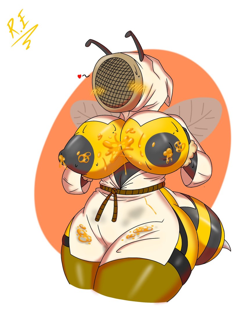 antennae_(anatomy) anthro areola arthropod_abdomen beekeeper big_breasts blush blush_lines bodily_fluids breasts clothing exposed_breasts female food grey_areola grey_nipples heart_symbol honey_(food) huge_breasts insect_wings lactating lactating_honey mask nipples pink_background simple_background solo stinger thick_thighs unusual_bodily_fluids unusual_lactation white_background white_clothing wide_hips wings yellow_body raul_maduro arthropod bee hymenopteran insect 3:4 hi_res