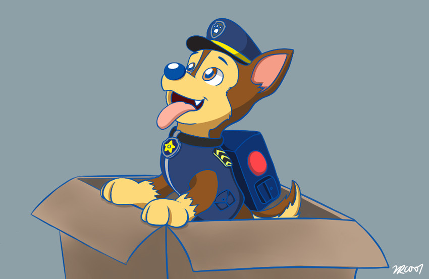 backpack badge box brown_body brown_eyes brown_fur clothing collar container cute_fangs fangs feral fur male open_mouth police police_dog police_hat police_uniform solo teeth tongue tongue_out uniform young rex100 paw_patrol chase_(paw_patrol) canid canine canis domestic_dog german_shepherd herding_dog mammal pastoral_dog