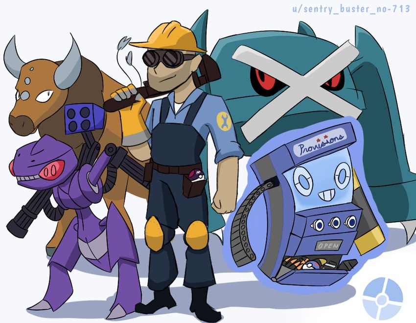 ambiguous_gender anthro armor blue_clothing blue_shirt blue_topwear clothing dispenser eyewear feral fusion gatling_gun gloves goggles group gun handwear hard_hat headgear helmet horn machine machine_gun male minigun pokeball purple_body ranged_weapon red_eyes rocket_launcher shadow shirt simple_background standing text tools topwear weapon white_background wrench sentry_buster_no-713 nintendo pokemon team_fortress_2 valve dispenser_(team_fortress_2) engineer_(team_fortress_2) sentry_gun_(team_fortress_2) generation_1_pokemon generation_3_pokemon generation_4_pokemon generation_5_pokemon genesect human legendary_pokemon mammal metagross pokemon_(species) robot rotom tauros artist_name crossover