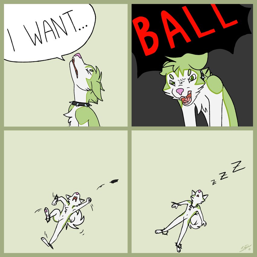 ambiguous_gender anklet anthro arm_flailing bracelet collar dialogue eyes_closed jewelry leg_flailing legband male pawpads pink_nose pink_pawpads sleeping snarling snoring solo speech_bubble spiked_anklet spiked_bracelet spiked_collar spiked_legband spikes tantrum yelling sillydraco byte_fantail_(character) canid canine canis domestic_dog husky mammal nordic_sled_dog spitz 1:1 hi_res andromorph_(lore)