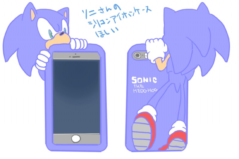 anthro biped blue_body blue_fur cellphone clothing electronics footwear fur gloves green_eyes handwear male phone phone_case shoes simple_background solo text white_background nashi_(intothe_bluesky) sega sonic_the_hedgehog_(series) sonic_the_hedgehog eulipotyphlan hedgehog inanimate_object mammal 3:2 japanese_text