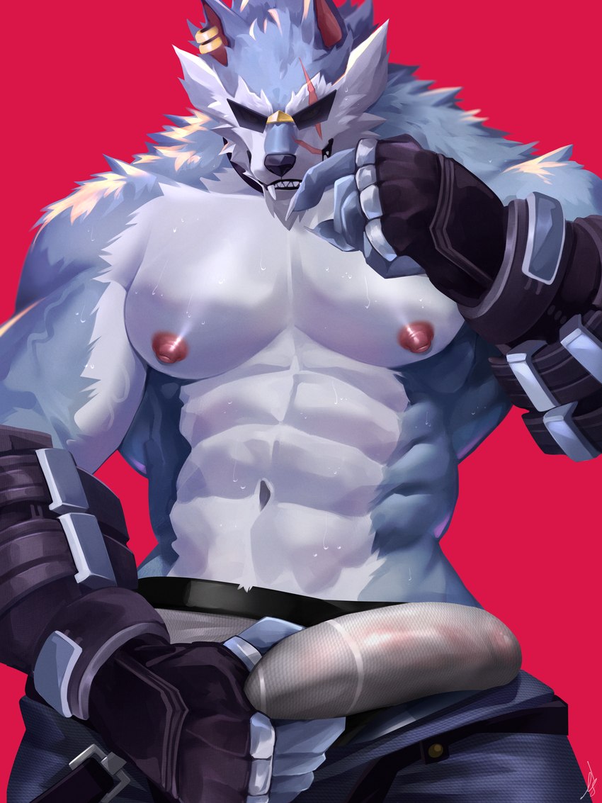 abs anthro biped blue_body blue_fur bodily_fluids bottomwear bulge clothed clothing collar denim denim_bottomwear denim_clothing detailed_bulge dominant ear_piercing ear_ring erection erection_under_briefs erection_under_clothing eyewear facial_scar fangs fingerless_gloves fur genital_outline genitals gloves hand_on_bulge hand_on_penis handwear holding_bulge humanoid_genitalia humanoid_penis jeans male multicolored_body multicolored_fur muscular muscular_anthro muscular_male navel nipples open_bottomwear open_clothing open_pants pants pecs penis penis_outline piercing ring_piercing scar sideways-pointing_bulge smile solo sunglasses sweat teeth translucent two_tone_body two_tone_fur white_body white_fur ig1119 dislyte lilith_games freddy_(dislyte) canid canine canis mammal wolf 2022 3:4 absurd_res digital_media_(artwork) hi_res