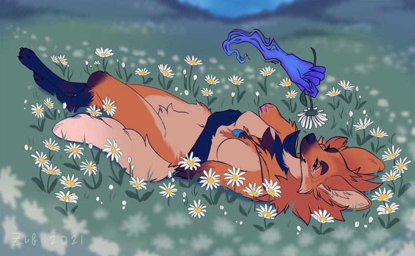 amputee anthro breasts crotch_tuft disability featureless_breasts female flower fur lying magic_limbs missing_arm nude on_back outside plant smile solo tuft zibeline cassandra_de_luca canid canine mammal maned_wolf hi_res