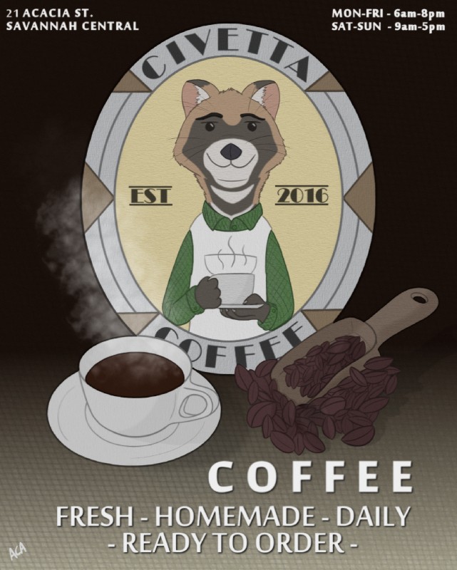 advertisement ambiguous_gender anthro beverage clothed clothing coffee container cup holding_object inner_ear_fluff plate solo text tuft anothercolouranon disney zootopia civet mammal viverrid english_text hi_res