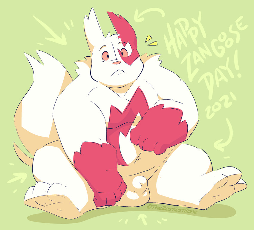 animal_genitalia anthro balls belly fully_sheathed fur genitals male navel sheath slightly_chubby solo tail text thick_thighs white_body white_fur thezestiestbone nintendo pokemon pokemon-specific_day zangoose_day generation_3_pokemon pokemon_(species) zangoose absurd_res english_text hi_res