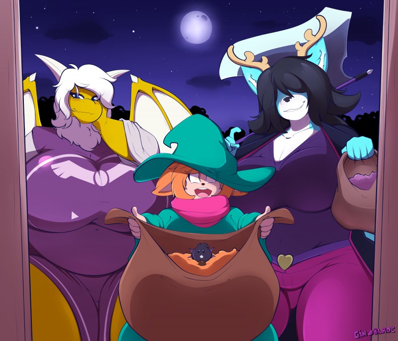 anthro anthrofied antlers axe bag belly belt big_breasts bottomwear breasts candy cleavage clothed clothing cosplay costume curvy_figure dessert detailed_background female fluffy fluffy_hair food group hair hair_over_eyes hat headgear headwear heart_symbol holidays horn huge_breasts melee_weapon moon neck_tuft night pants robe scarf shirt short_hair sky slightly_chubby smile star_eyes thick_thighs topwear trick-or-treating tuft voluptuous weapon wings witch_hat gin-blade deltarune halloween mythology nintendo pokemon undertale undertale_(series) caberea horae_deerling ralsei rylie_(hypernovagm) susie_(deltarune) toriel avian bird deer deerling domestic_cat dragon felid feline felis generation_5_pokemon hybrid mammal mythological_creature mythological_scalie pokemon_(species) scalie 2019 absurd_res hi_res