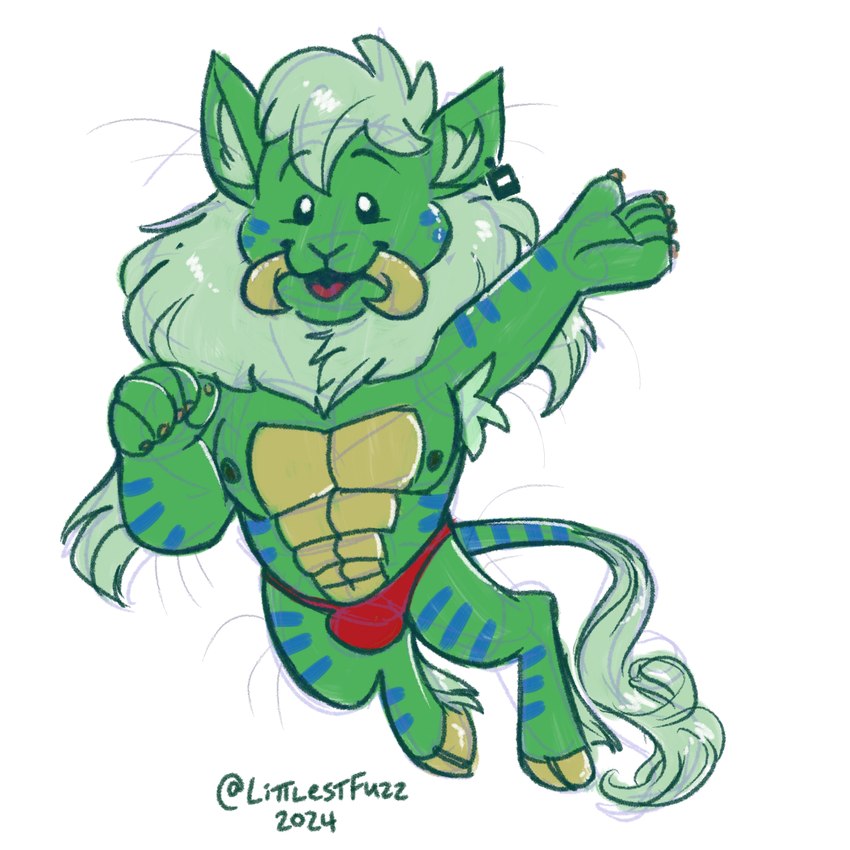 5_fingers anthro armpit_hair beady_eyes belly_scales biped blue_stripes body_hair bulge chibi claws clothed clothing cloven_hooves ear_piercing ear_tag finger_claws fingers green_body green_hair hair hooves inner_ear_fluff male muscular muscular_anthro muscular_male nipples open_mouth pecs piercing raised_arm ruff scales simple_background solo stripes tail tail_tuft tuft tusks underwear underwear_only unguligrade unguligrade_anthro whiskers white_background littlestfuzz byrne_(littlestfuzz) fuzzmonster colored_sketch full-length_portrait hi_res portrait sketch