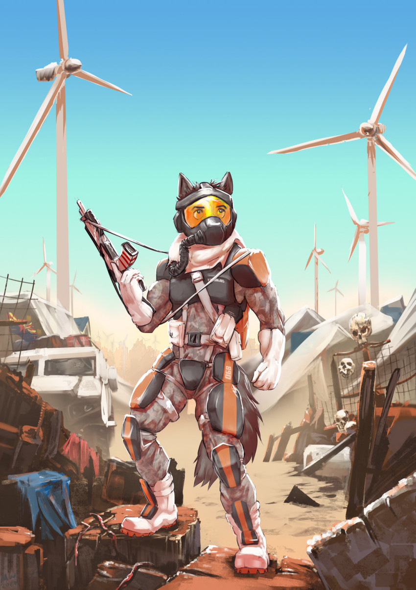 anthro armor automatic_weapon bandolier belt body_armor bone boots breastplate clothing fabric footwear gas_mask gloves gun handwear harness headgear helmet junkyard knee_pads male mask military ranged_weapon rust sand satchel science_fiction shoes shoulder_pads skull soldier solo straps suit tents truck vehicle visor warrior weapon wind_turbine windmill marsonaut burnt_earth canid canine canis mammal wolf 2020 hi_res