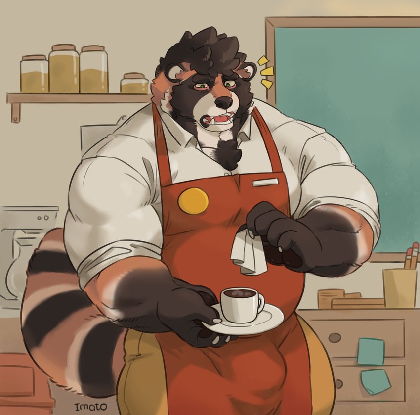 5_fingers anthro apron bar_emanata barazoku belly beverage big_bulge big_muscles black_body black_fur black_nose brown_body brown_fur bulge chest_tuft claws clothing coffee emanata eyebrows facial_markings fingers fur head_markings heart_formation heart_symbol holding_object humanoid_hands male markings mask_(marking) muscular muscular_anthro muscular_male overweight overweight_anthro overweight_male serving serving_beverage shirt solo striped_body striped_fur stripes thick_eyebrows tight_clothing topwear tuft waiter white_claws imato mammal procyonid raccoon 2020 absurd_res hi_res