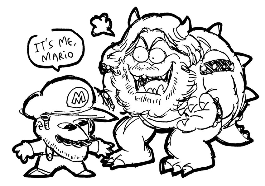 angry armband beard bracelet bulging_eyes claws clothed clothing dialogue duo facial_hair hat headgear headwear horn humor jewelry male mustache overalls shell speech_bubble spiked_armband spiked_bracelet spiked_shell spiked_tail spikes spikes_(anatomy) tail text josh-s26 illumination_entertainment mario_bros nintendo the_super_mario_bros_movie bowser chris_pratt jack_black mario human koopa mammal scalie hi_res monochrome