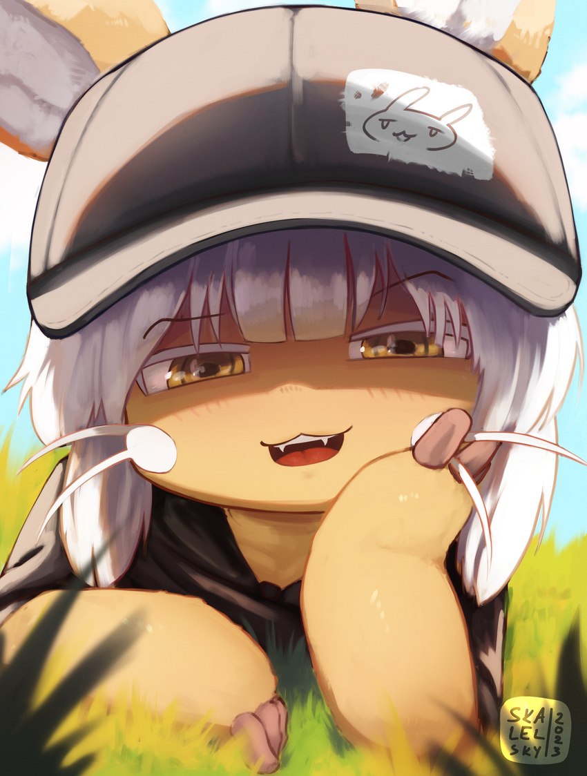 anthro clothing fangs female fur hat headgear headwear laying_on_grass light looking_at_viewer smug_expression solo sunlight supporting_head tan_body tan_fur teeth yellow_eyes skalelsky made_in_abyss nanachi narehate absurd_res digital_media_(artwork) hi_res