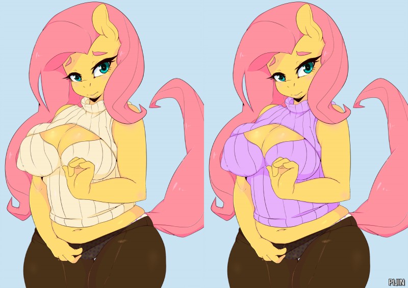 anthro anthrofied big_breasts breasts cleavage cleavage_cutout clothed clothing cutout female keyhole_turtleneck simple_background solo sweater topwear turtleneck loopend friendship_is_magic hasbro my_little_pony fluttershy_(mlp) equid equine horse mammal pony hi_res