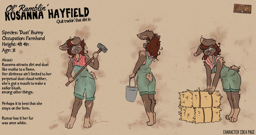 anthro brown_body brown_fur clothing dirt female fur hay overalls plaid solo text posspowered rosanna_hayfield_(posspowered) dust_bunny english_text hi_res model_sheet