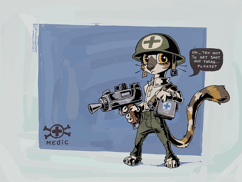 anthro armor biped clothed clothing fingers first_aid_kit fur gun headgear helmet holding_gun holding_object holding_ranged_weapon holding_weapon male medic medical_instrument ranged_weapon scientific_instrument solo speech_bubble tail text weapon alekksandar conditional_dnp cc-by-nc-nd creative_commons domestic_cat felid feline felis mammal 4:3 english_text