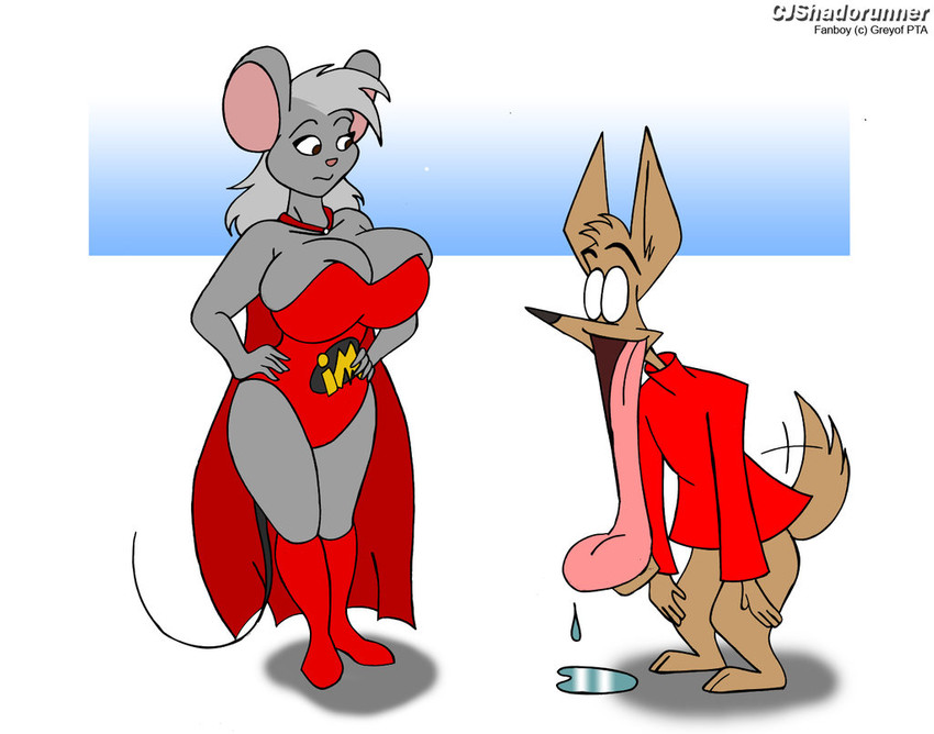 breasts cleavage cleavage_overflow clothed clothing costume duo female jaw_drop male male/female open_mouth toony chrisandcompany tiffany_carrell canid canine canis domestic_dog mammal mouse murid murine rodent