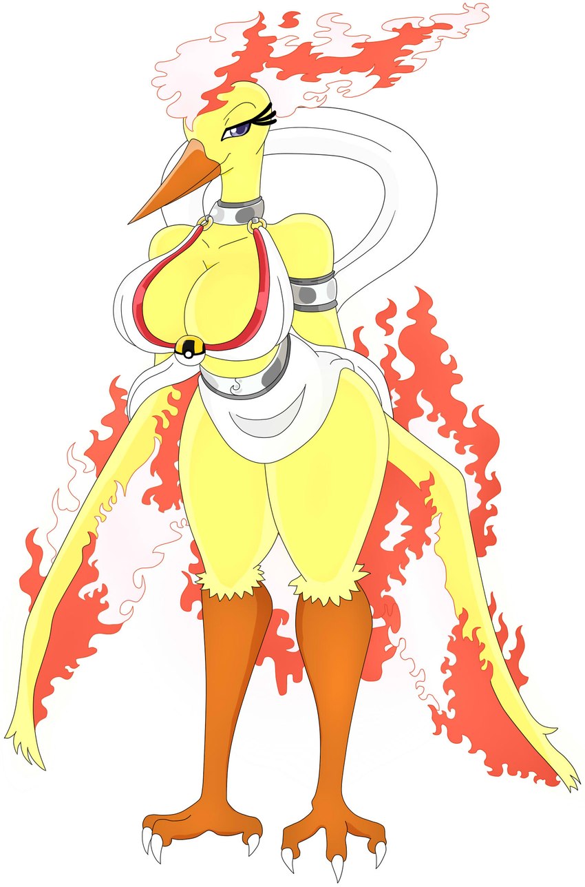 anthro armwear beak big_breasts bottomwear breasts clothed clothing collar female fire huge_breasts pokeball purple_eyes simple_background skirt solo topwear ultra_ball white_background wings yellow_body urusee584 nintendo pokemon generation_1_pokemon legendary_pokemon moltres pokemon_(species) hi_res