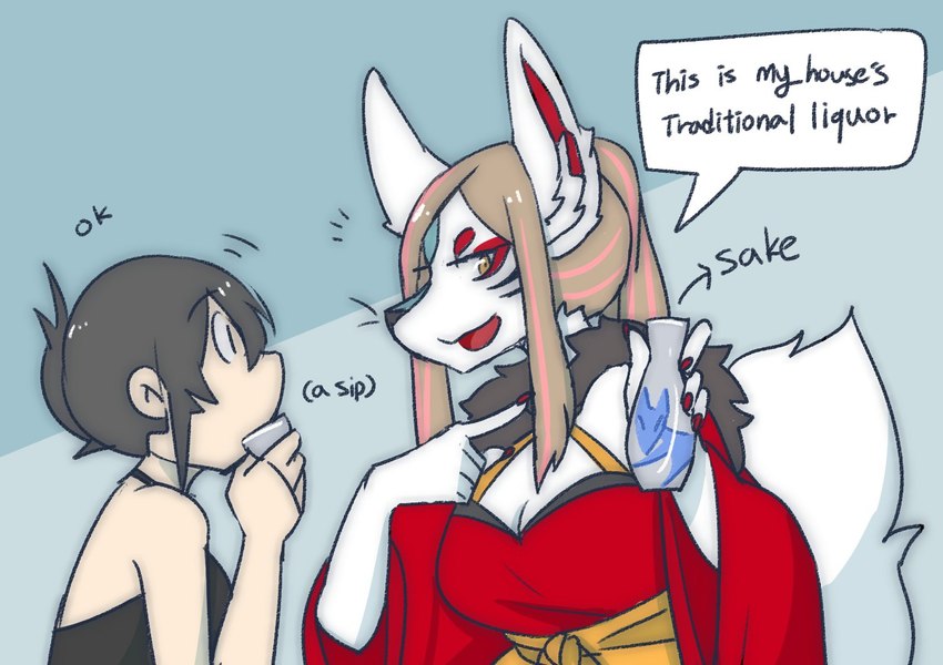 asian_clothing beverage big_ears big_tail black_clothing black_hair black_topwear blue_markings bottle brown_hair clothing colored_nails container dialogue dot_eyes drinking duo ear_tuft east_asian_clothing female female/female fingernails fluffy fluffy_tail fur gesture hair hand_gesture holding_object japanese_clothing jug kemono kimono looking_at_another makeup markings nails neck_tuft nodding open_mouth pointing ponytail red_fingernails red_markings red_nails sake_bottle side_profile simple_background simple_eyes speech_bubble tail text topwear transformation tuft vest white_body white_fur white_skin yellow_eyes titania_(artist) sakura_(sesshouseki) canid canine fox human mammal 2020 digital_drawing_(artwork) digital_media_(artwork) english_text sequence
