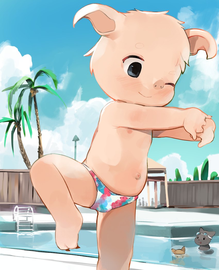 anthro black_eyes blinking blue_sky blush clothing cloud detailed_background male mostly_nude navel nipples pool sky solo speedo stretching swimwear young young_anthro yupa domestic_pig mammal suid suina sus_(pig) 2023 hi_res