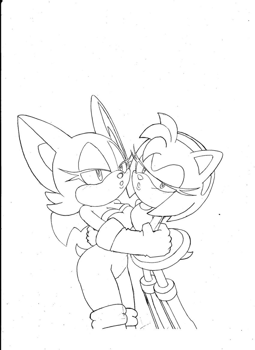 anthro breasts clothed clothing duo female female/female fur gloves handwear kissing looking_at_viewer membrane_(anatomy) membranous_wings thick_thighs thin_thighs wide_hips wings superbunnygt sega sonic_the_hedgehog_(series) amy_rose rouge_the_bat bat eulipotyphlan hedgehog mammal hi_res monochrome