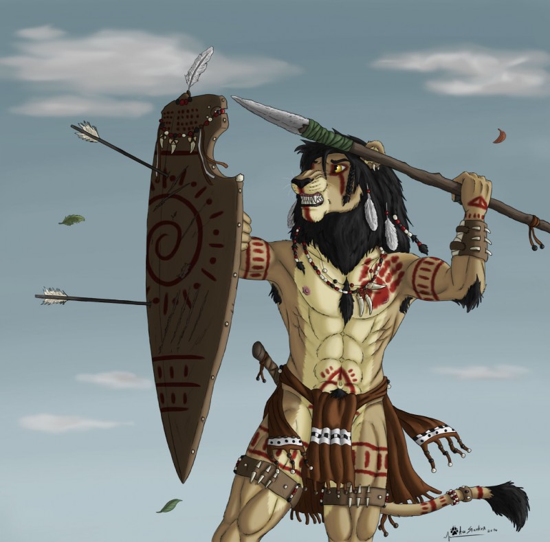 abs anthro armpit_hair arrow_(weapon) arrowed battle biceps biped body_hair bodypaint bottomwear clothing facial_paint fantasy fur holding_object holding_weapon loincloth male mane markings melee_weapon muscular muscular_anthro muscular_male nipples pecs polearm ranged_weapon shield solo spear standing teeth tribal tribal_markings warrior weapon yellow_eyes ace_stryker felid lion mammal pantherine 2014 hi_res