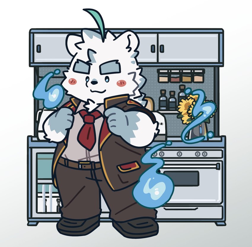 anthro biped blush bottomwear chibi clothing kemono kitchen kitchen_utensils male pants shirt solo tools topwear trzeko1 knights_college paul_pfitzner bear mammal polar_bear ursine 2023 hi_res