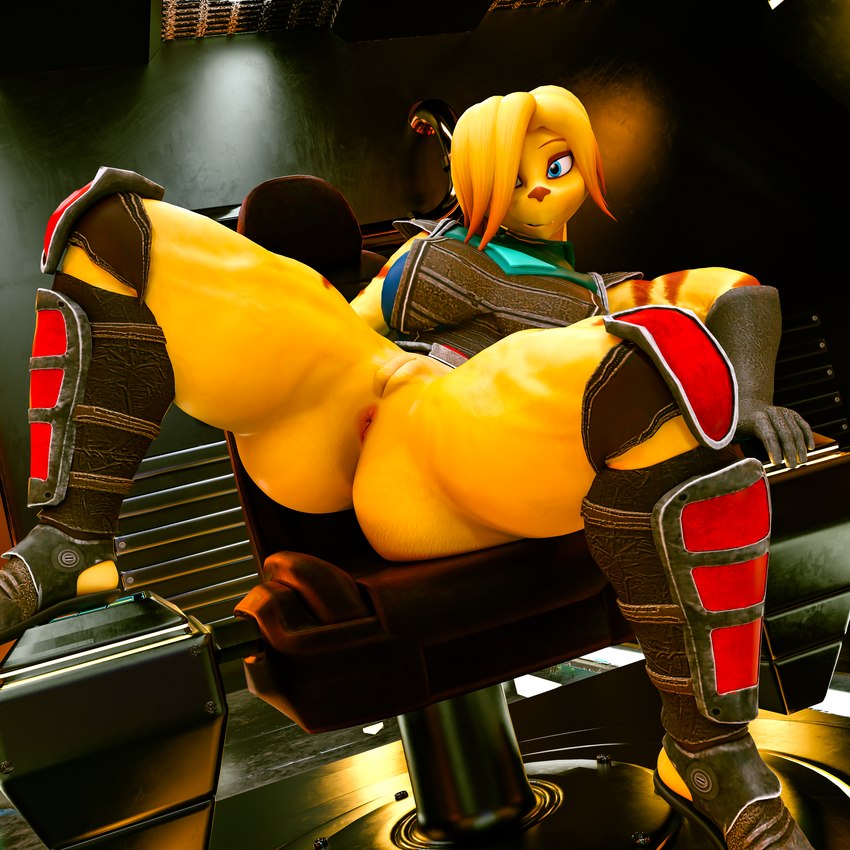 anus bite biting_lip bottomless chair clothed clothing female footwear furniture genitals gloves handwear legwear looking_at_viewer on_chair orange_body pussy sitting sitting_on_chair solo spread_legs spreading striped_body stripes topwear bustin3d warfaremachine_(modeler) insomniac_games ratchet_and_clank sony_corporation sony_interactive_entertainment angela_cross warfare_angela lombax mammal 1:1 3d_(artwork) absurd_res digital_media_(artwork) hi_res