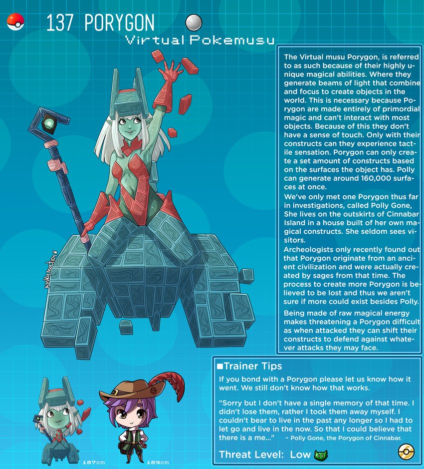 armor breasts chibi clothed clothing female hair headgear headwear helmet male pokemorph staff text white_hair kinkymation nintendo pokemon generation_1_pokemon human humanoid mammal pokemon_(species) porygon english_text hi_res