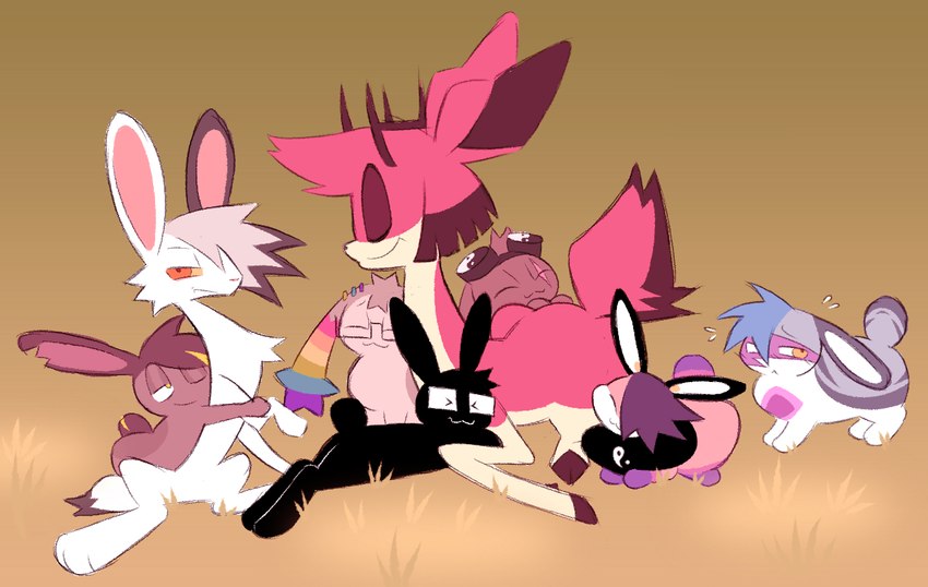 ambiguous_gender brown_body brown_fur eyes_closed female feral fur group hug male red_body red_fur smile conditional_dnp labbit_(artist) hazbin_hotel alastor_(hazbin_hotel) l33t_(labbit) markus_(labbit) yuki_(labbit) deer labbit lagomorph leporid mammal rabbit