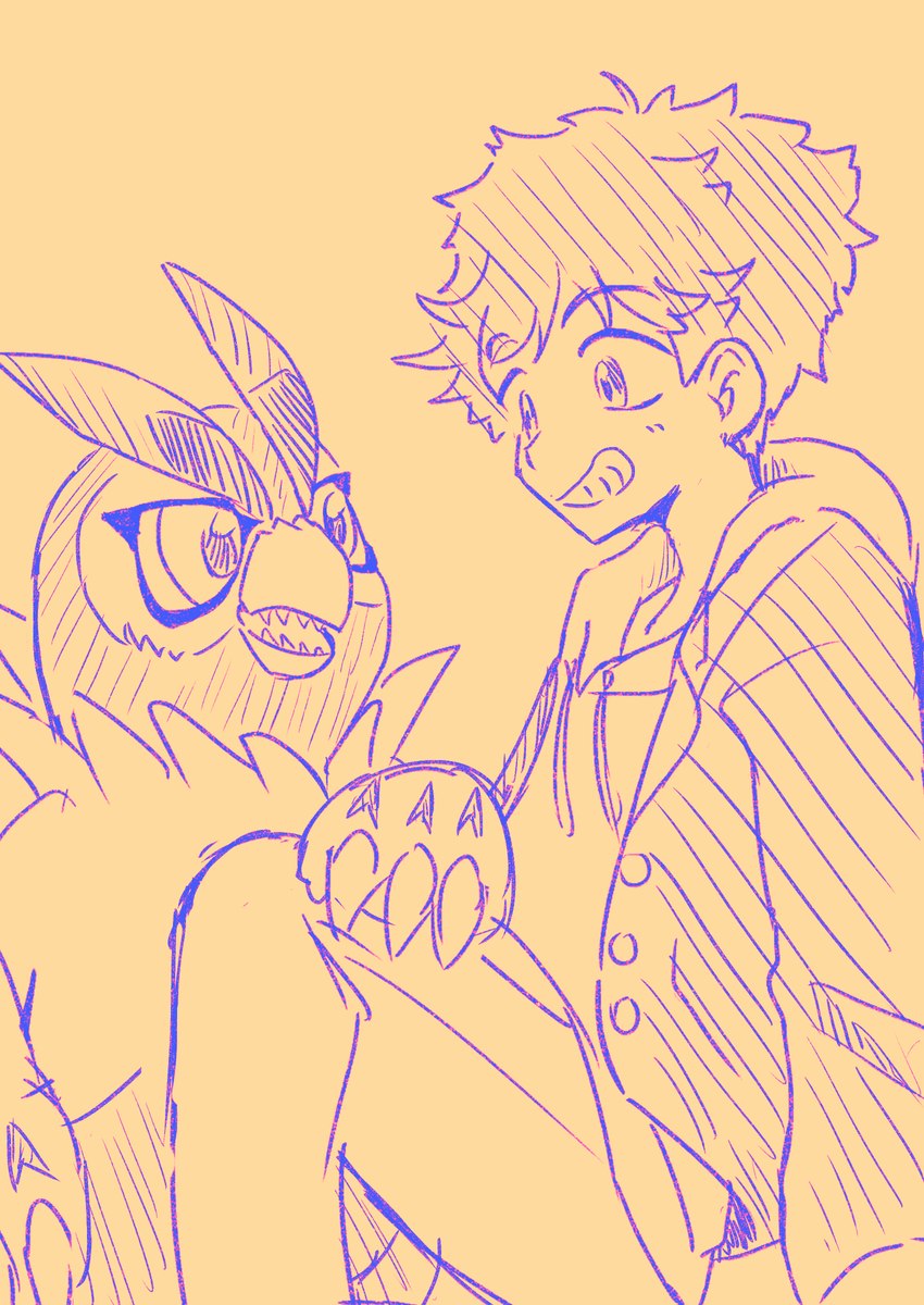 anthro beak blush claws clothing duo grin hoodie male sitting smile teeth toothed_beak topwear mofumi_corvus bandai_namco digimon falcomon_(survive) minoru_hyuga avian bird digimon_(species) falcomon human mammal absurd_res hi_res sketch