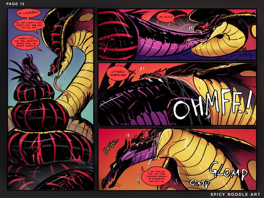 abdominal_bulge bodily_fluids coiling dialogue duo female feral male oral_vore saliva sound_effects stretched_mouth swallowing tail_first vore spicynoodleart disney disney's_aladdin mythology sleeping_beauty_(1959) jafar_(disney) maleficent cobra dragon mythological_creature mythological_scalie reptile scalie snake hi_res