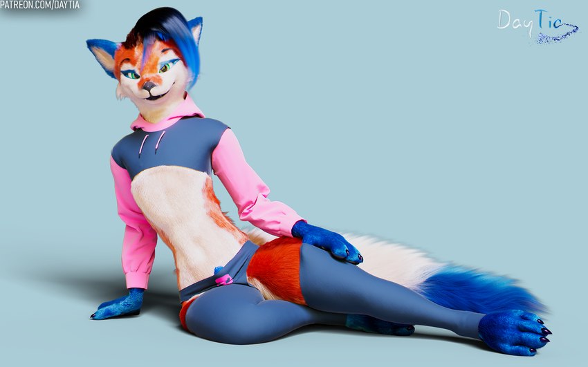 blue_body blue_fur blue_hair clothed clothing fur genitals hair knot male orange_body orange_fur penis posed sex simple_background smile solo tail text warm_lighting white_body white_fur daytia c4d vrchat canid canine fox mammal rexouium 16:10 3d_(artwork) digital_media_(artwork) hi_res url widescreen