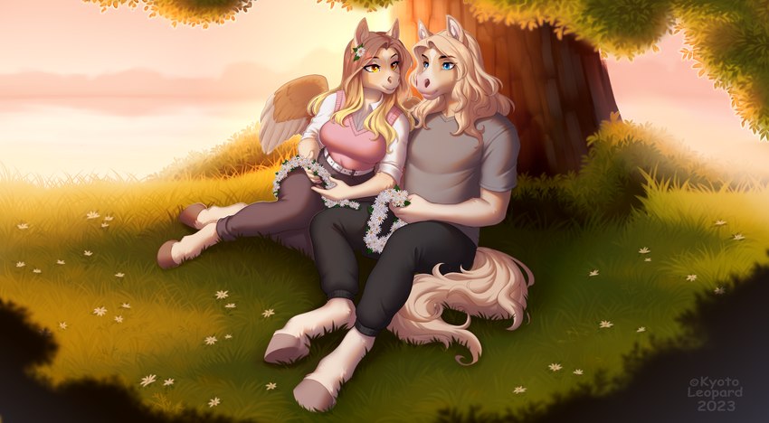 accessory anthro blonde_hair blue_eyes bottomwear breasts clothed clothing duo eye_contact female flower flower_crown flower_in_hair fully_clothed grass hair hair_accessory hooves looking_at_another male on_grass on_ground orange_eyes plant shirt sitting sitting_on_grass sitting_on_ground tail topwear tree unguligrade wings kyotoleopard diana_(kyotoleopard) equid equine horse mammal 2023 absurd_res hi_res