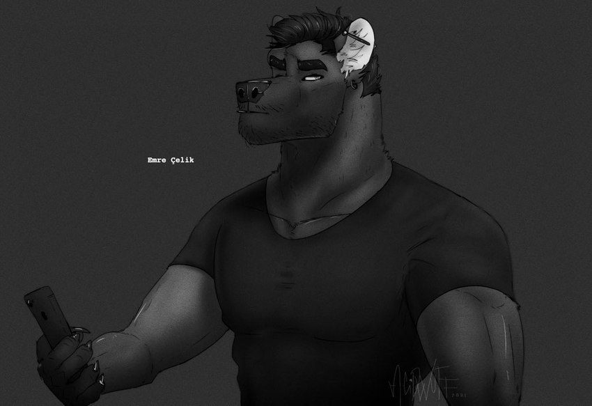 anthro cellphone clothed clothing ear_piercing electronics hair holding_cellphone holding_object holding_phone holding_smartphone industrial_piercing looking_at_viewer male mouth_closed phone piercing shirt short_hair simple_background smartphone solo t-shirt topwear acidwuff apple_inc. iphone bear mammal 2021 dated half-length_portrait monochrome portrait